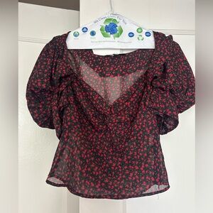 Chic Floral Puff Sleeve Blouse - Black and Red